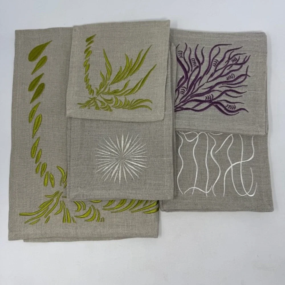 Viabrava 100% Linen Embroidered Table Linens 23 Pieces Abstract Tropical Coastal